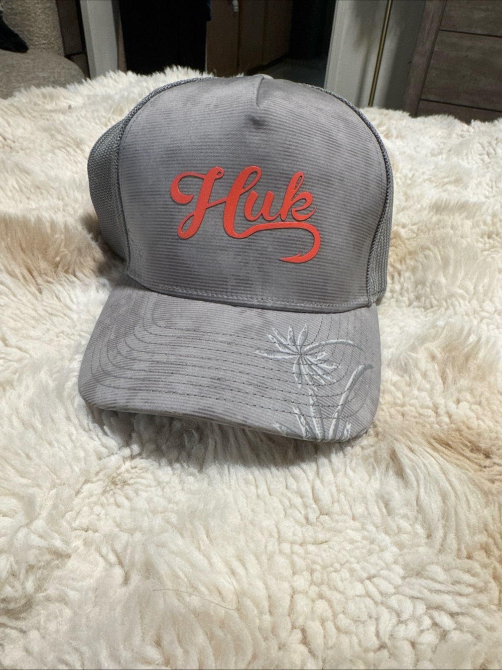 Huk Kids Gray Trucker Hat with Coral Script Logo